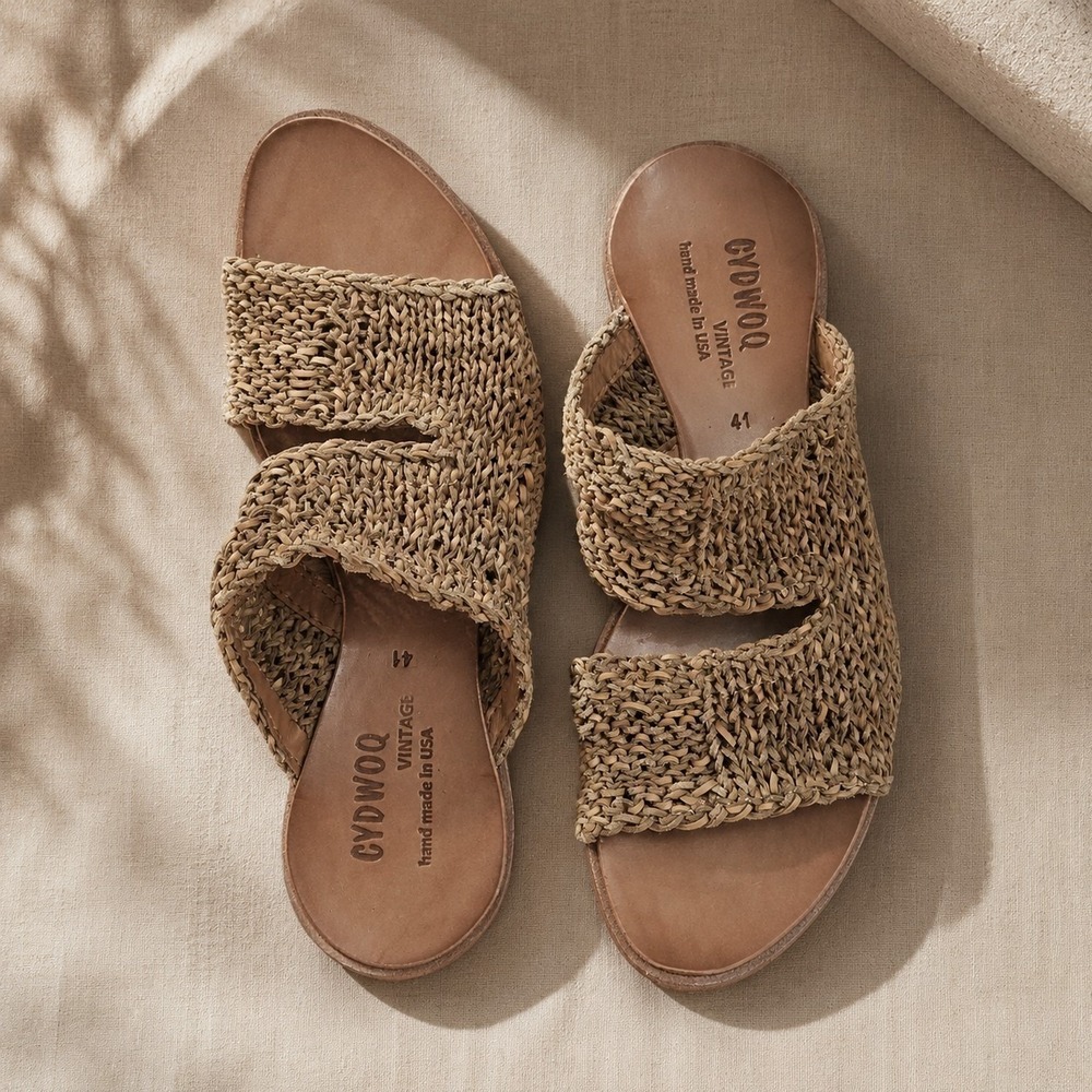 CYDWOQ Brave Vintage Woven Leather Artisan Boho Sandals 41 Camel Handmade In USA